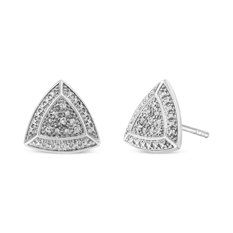 Stud Earrings with Star Motifs -.925 Sterling Silver Diamond-Accented Trillion Shaped 4-Stone Halo-Style Stud Earrings