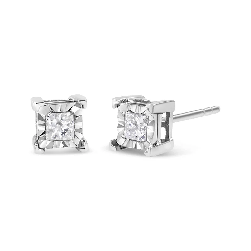 Stud Earrings with Gemstones and Beads -.925 Sterling Silver Miracle Set Princess-cut Diamond Solitaire Stud Earrings