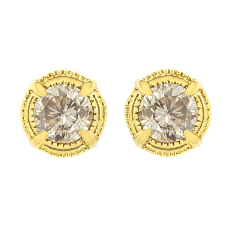 Stud Earrings with Crown Designs -.925 Sterling Silver Round Brilliant Cut Diamond Solitaire Milgrain Stud Earrings