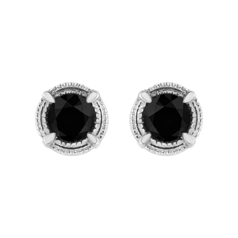 Gothic Stud Earrings with Dark Tone -.925 Sterling Silver Treated Colored Diamond Modern 4-Prong Solitaire Milgrain Stud Earrings