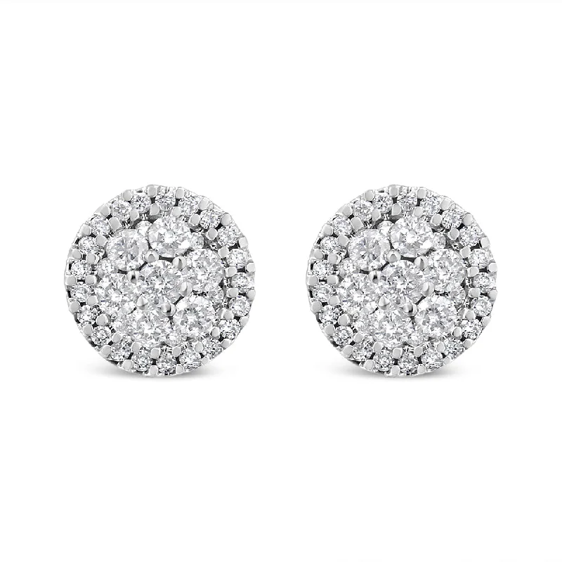 Stud Earrings with Symbolic Elements -AGS Certified 14K White Gold 1.0 Cttw Brilliant-Cut Diamond Halo-Style Cluster Round Button Stud Earrings