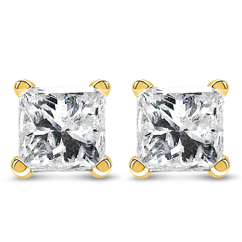 Stud Earrings for Formal Attire -AGS Certified Princess-Cut Square Diamond 4-Prong Solitaire Stud Earrings in 14K Gold