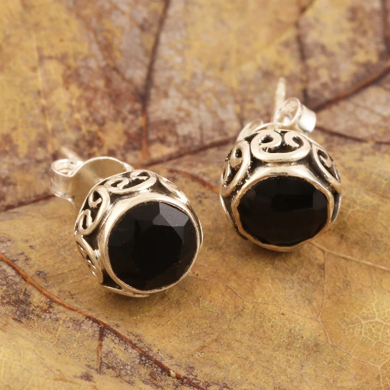 Stud Earrings with Matte Finish -Black As Night Small Black Onyx Stud Earrings from India