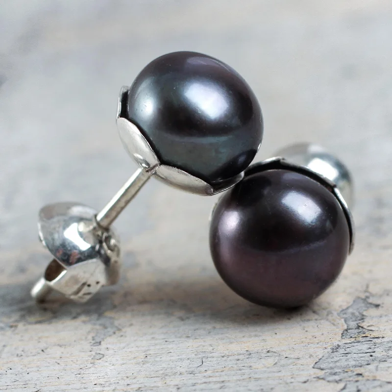 Star Shaped Stud Earrings for Charm -Black Nascent Flower Handcrafted Black Cultured Pearl Stud Earrings