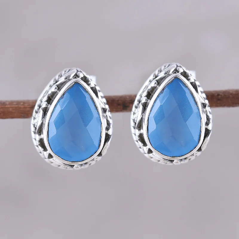 Stud Earrings with Gemstones and Beads -Blue Mist Blue Chalcedony Teardrop Stud Earrings from India