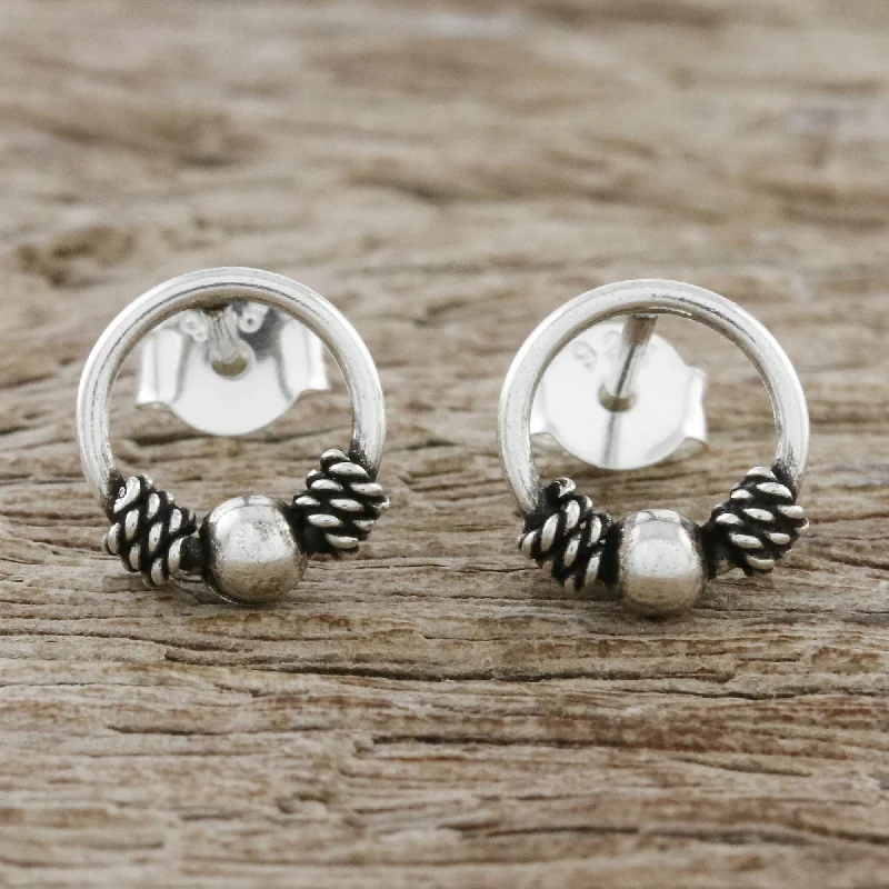 Hippie Stud Earrings with Beads -Champion Rope Artisan Crafted Circular Sterling Silver Stud Earrings