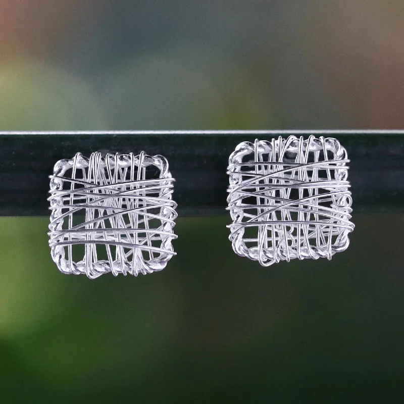 Double Stud Earrings for Impact -Crisscross Square Sterling Silver Wrap Square Stud Earrings Made in Thailand