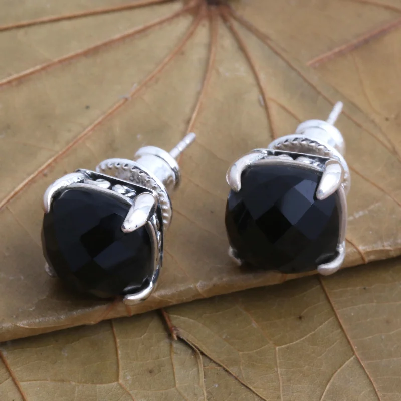 Lead Free Stud Earrings for Health -Dressed for Dinner in Black Checkerboard Faceted Black Onyx Stud Earrings