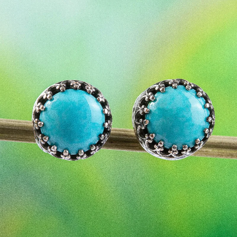 Stud Earrings with Etching -Elegant Fretwork Natural Turquoise and Taxco Silver Stud Earrings