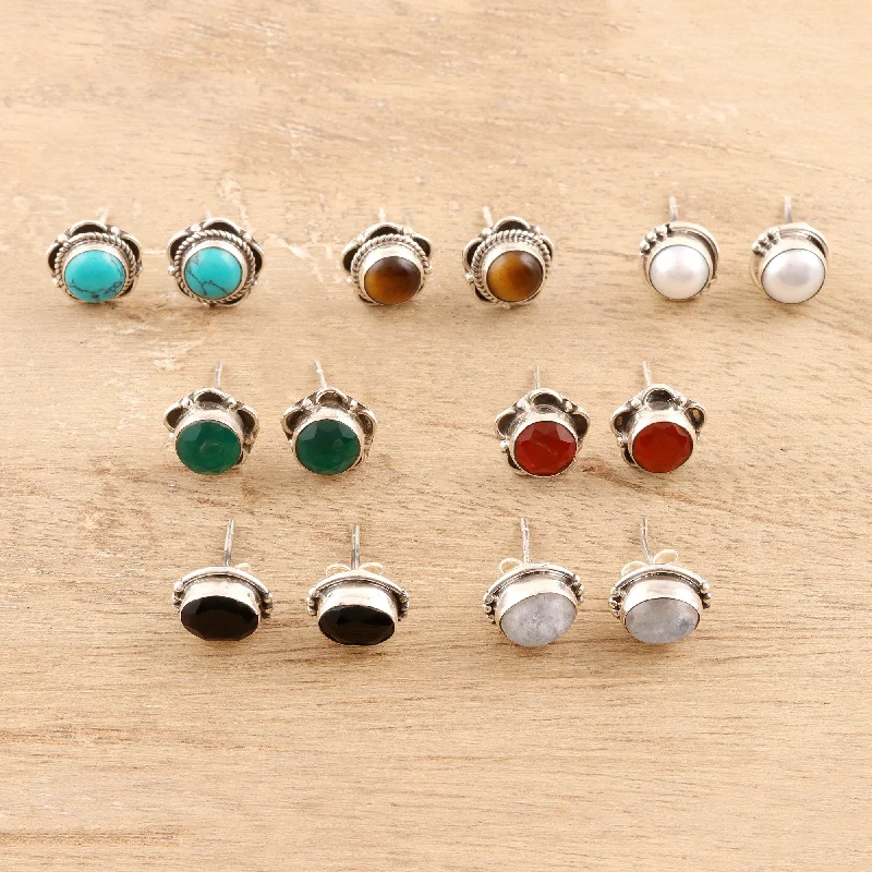 Stud Earrings for Everyday Glamour -Everyday Pairs Artisan Crafted Multi-Gemstone Stud Earrings (Set of 7)