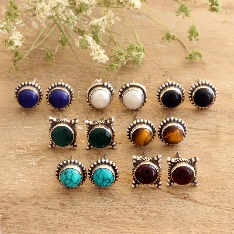 Detachable Stud Earrings with Charms -Everyday Pairs Handmade Multi-Gemstone Stud Earrings (Set of 7)