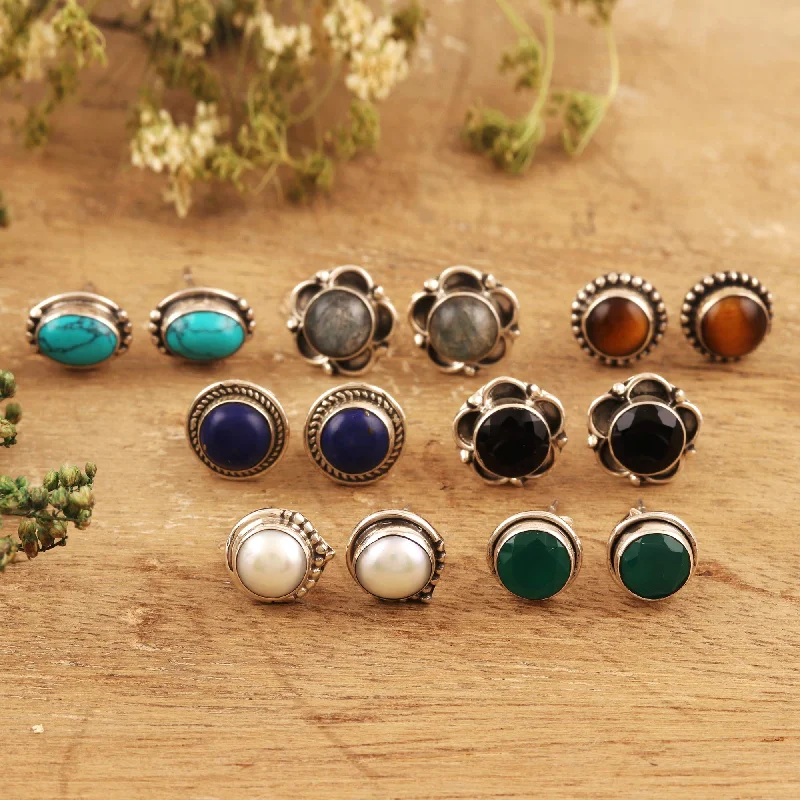 Stud Earrings for Work Attire -Everyday Pairs Multi-Gemstone Stud Earrings from India (Set of 7)