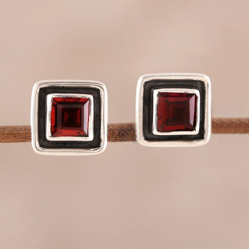 Stud Earrings with Floral Motifs -Fire Frame Faceted Garnet Square Stud Earrings from India