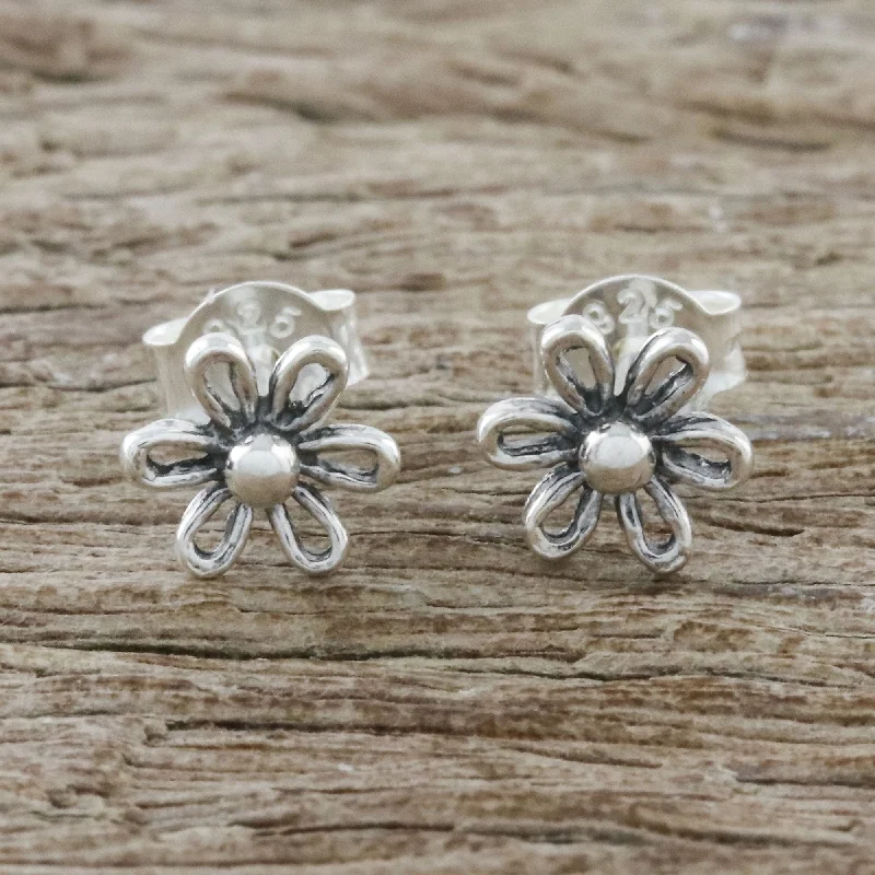 Lightweight Stud Earrings for All Day -Flower Fancy Floral Motif Sterling Silver Stud Earrings from Thailand