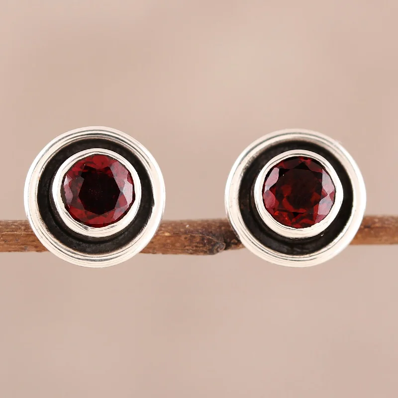 Stud Earrings with Star Motifs -Framed Sparkle Circular Faceted Garnet Stud Earrings from India