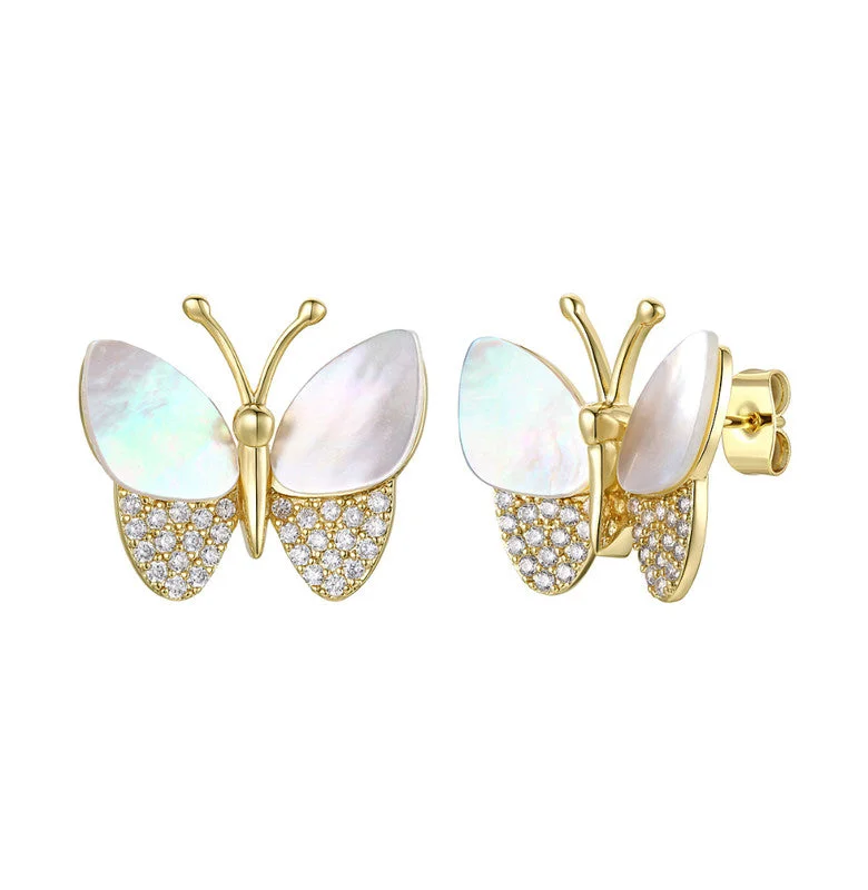 Diamond Stud Earrings for Luxury -Ga Sterling Silver Large 14k Gold Plated Sterling Silver With Mother Of Pearl & Diamond Cubic Zirconia Butterfly Stud Earrings