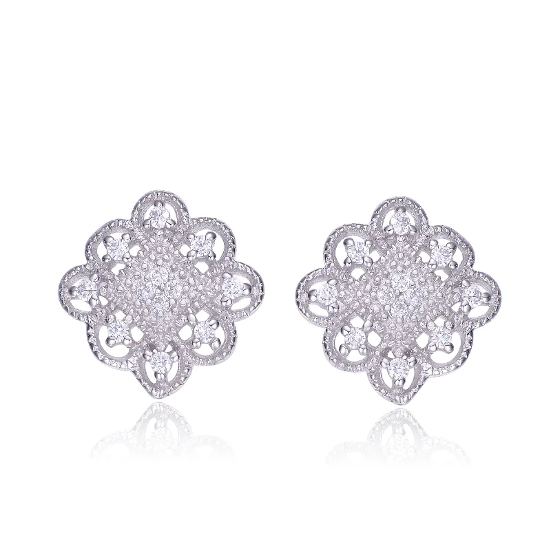 Clip On Stud Earrings for Non Pierced -GENEVIVE Sterling Silver Cubic Zirconia Floral Stud Earrings