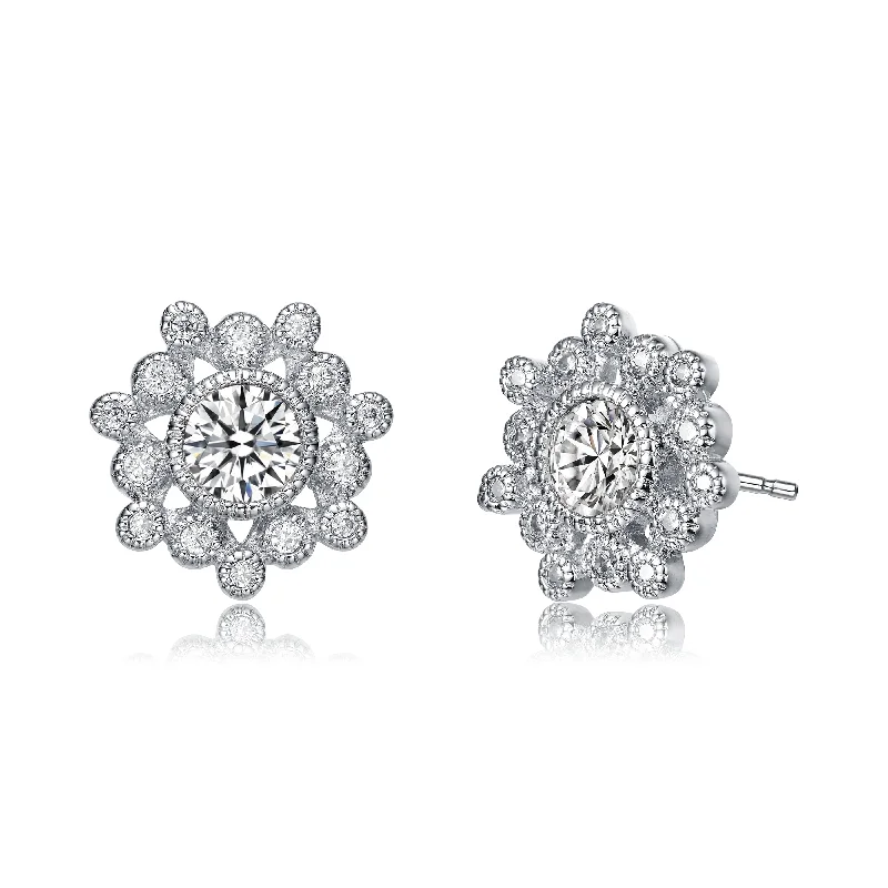 Stud Earrings with Rhinestones -GENEVIVE Sterling Silver Cubic Zirconia Flower Stud Earrings