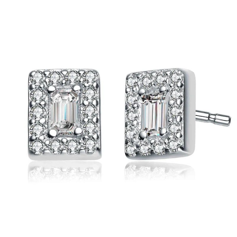 Large Stud Earrings for Statement -GENEVIVE Sterling Silver Cubic Zirconia Square Stud Earrings