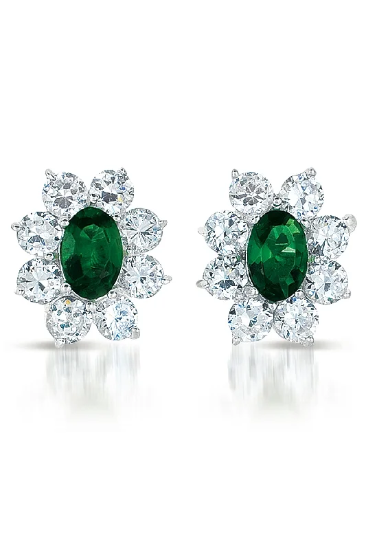 Stud Earrings for Valentine's Day -GENEVIVE Sterling Silver Emerald Cubic Zirconia Flower Stud Earrings