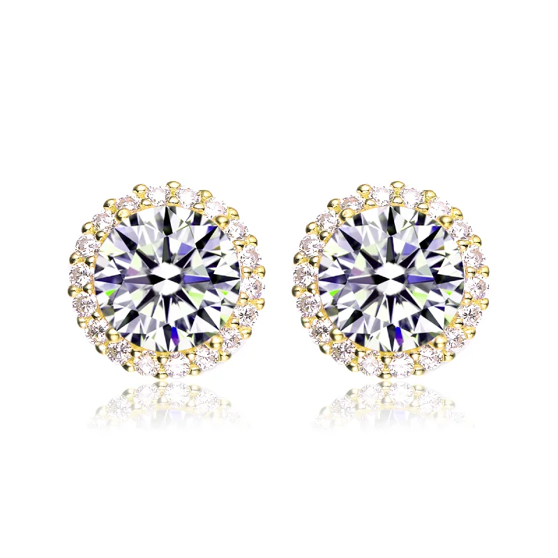 Maximalist Stud Earrings for Bling -GENEVIVE Sterling Silver Gold Plated Cubic Zirconia Button Stud Earrings