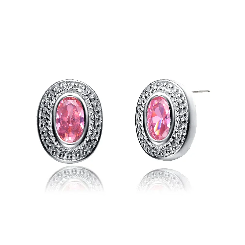 Screw Back Stud Earrings for Security -GENEVIVE Sterling Silver Pink Cubic Zirconia Oval Stud Earrings