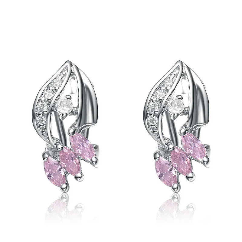 Waterproof Stud Earrings for Outdoor -GENEVIVE Sterling Silver Pink Cubic Zirconia Stud Earrings