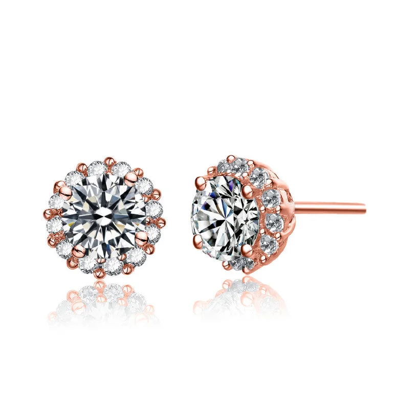 Round Stud Earrings for Classic -GENEVIVE Sterling Silver Rose Gold Plated Cubic Zirconia Round Stud Earrings