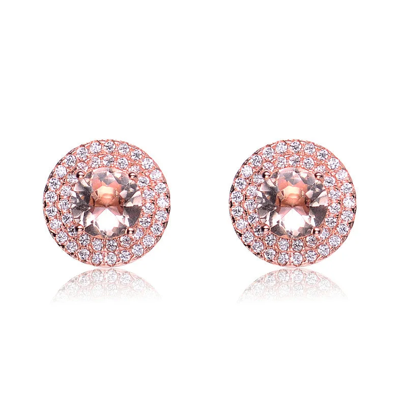 Silver Stud Earrings for Men -GENEVIVE Sterling Silver Rose Gold Plated Morganite Cubic Zirconia Stud Earrings