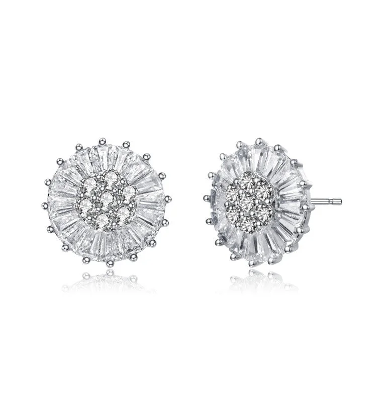 Leverback Stud Earrings for Comfort -GENEVIVE Sterling Silver Round and Baguette Cubic Zirconia Stud Earrings