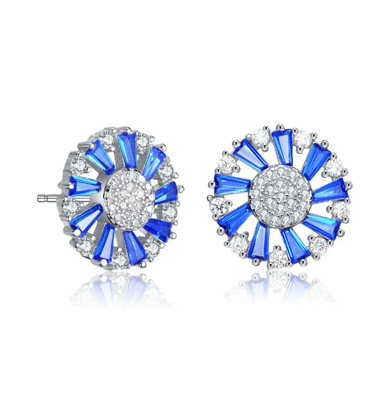 Stud Earrings with Crown Designs -GENEVIVE Sterling Silver Sapphire Cubic Zirconia Stud Earrings