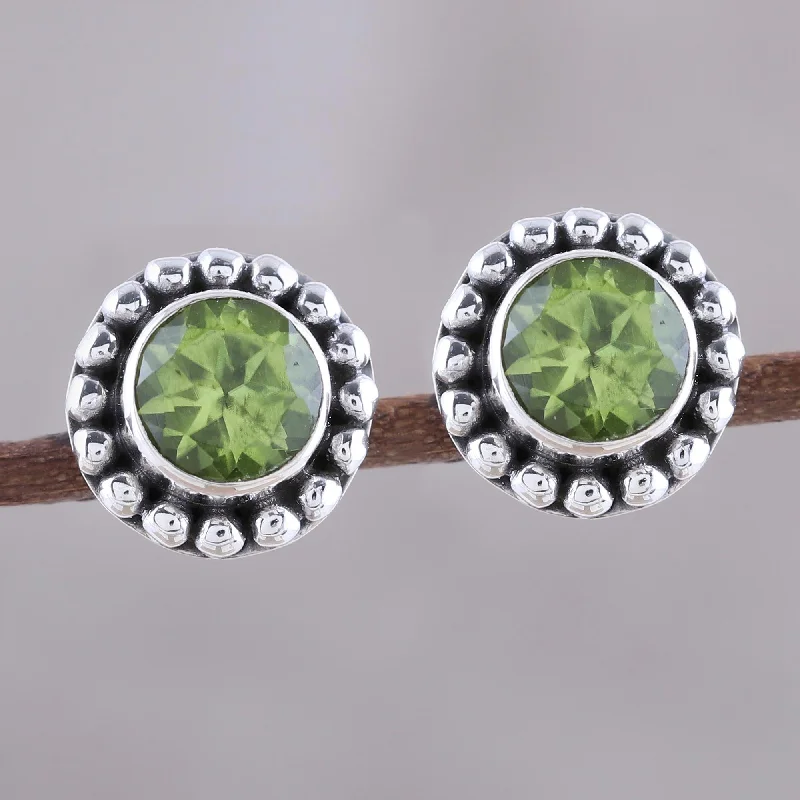 Stud Earrings with Wave Designs -Glistening Dale Round Peridot and Sterling Silver Dot Motif Stud Earrings