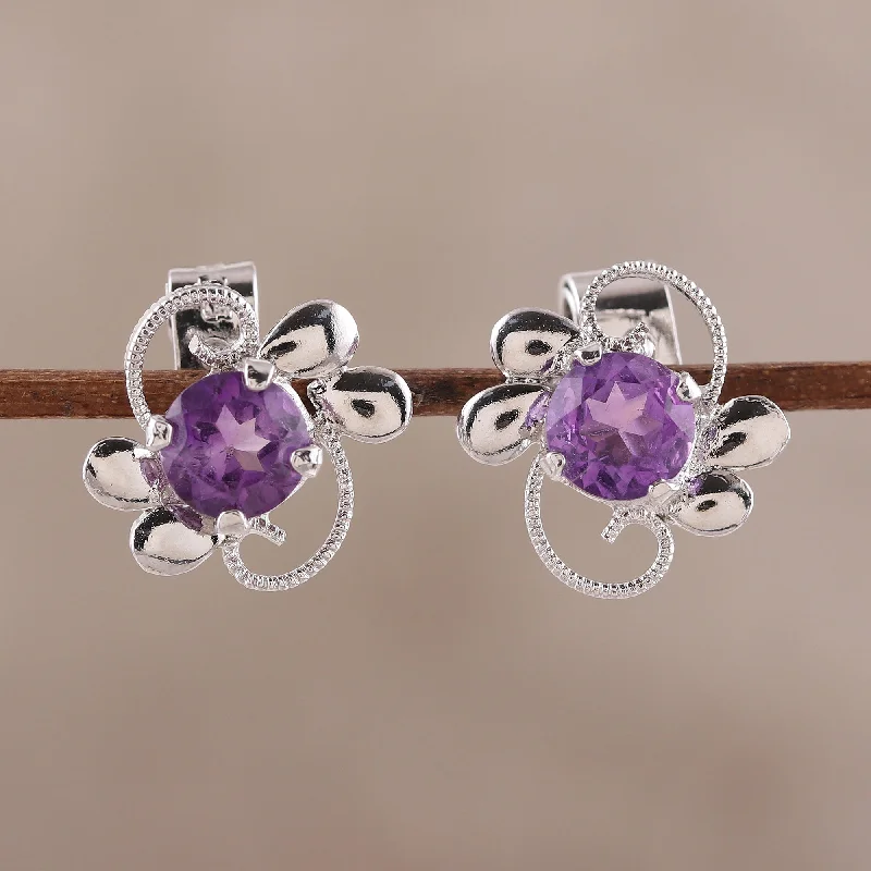 African Stud Earrings with Culture -Glittering Purple Charm Rhodium Plated Amethyst Stud Earrings from India