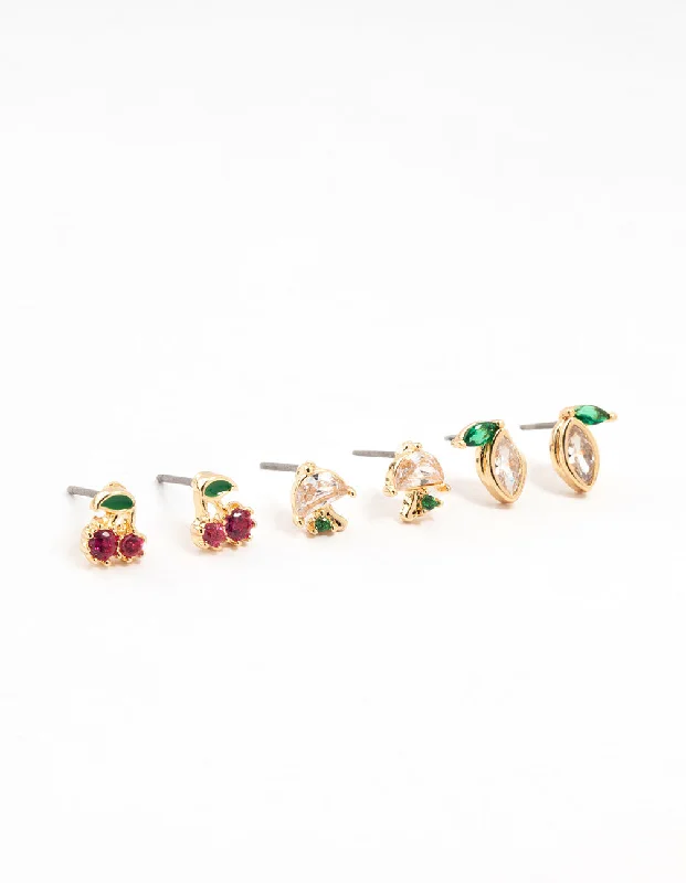 Stud Earrings for Party Look -Gold Cubic Zirconia Mixed Fruit Stud Earrings 3-Pack