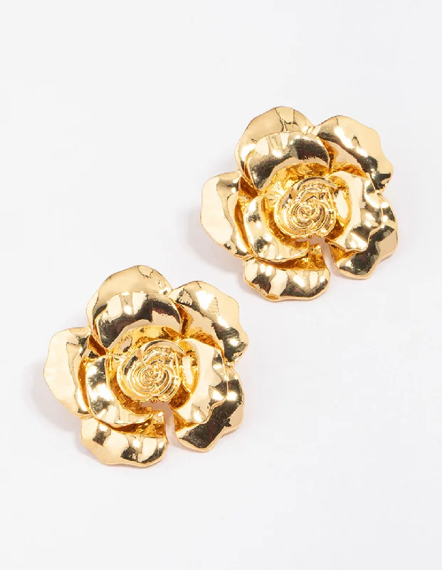 Stud Earrings with Debossed Designs -Gold Plated Rose Large Stud Earrings