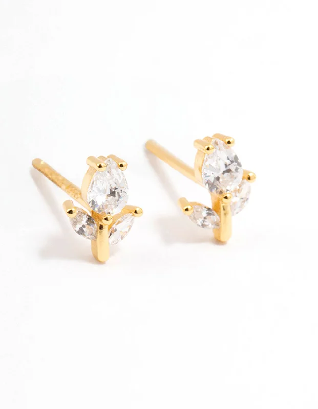 Stud Earrings with Rhinestones -Gold Plated Sterling Silver Cubic Zirconia Flower Stem Stud Earrings