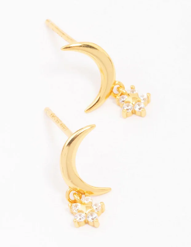 Stud Earrings for Wedding Ceremony -Gold Plated Sterling Silver Moon & Star Stud Earrings