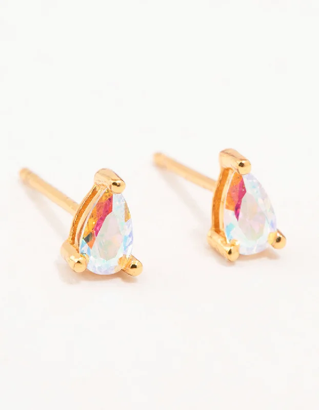 Stud Earrings with Crown Designs -Gold Plated Sterling Silver Pear Cubic Zirconia Stud Earrings