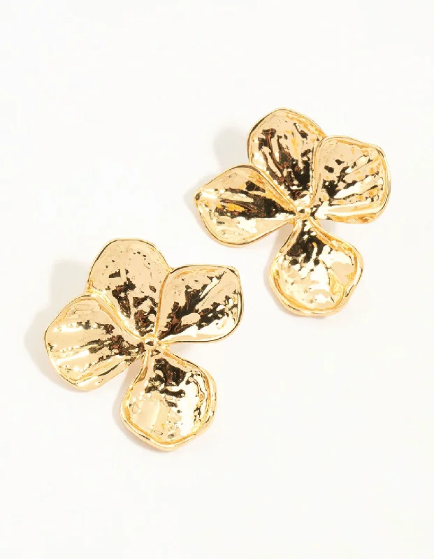 Stud Earrings for Birthday Celebration -Gold Plated Textured Flower Stud Earrings