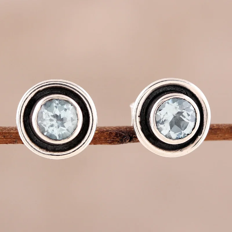 Stud Earrings for Evening Gown -Graceful Frames Circular Blue Topaz Stud Earrings from India