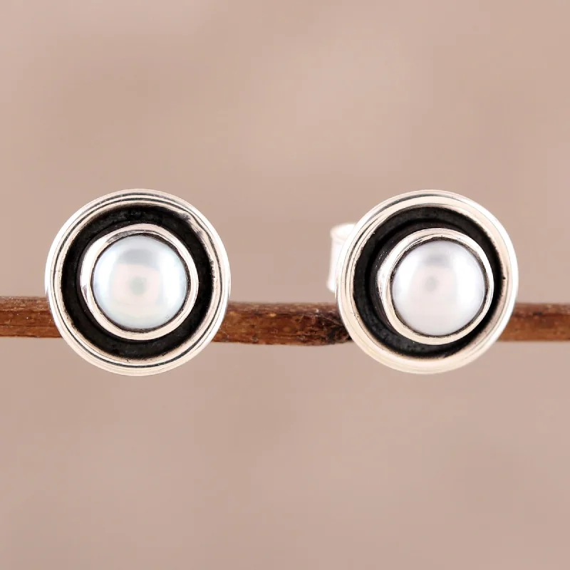 Stud Earrings for Concert Look -Graceful Frames Circular Cultured Pearl Stud Earrings from India