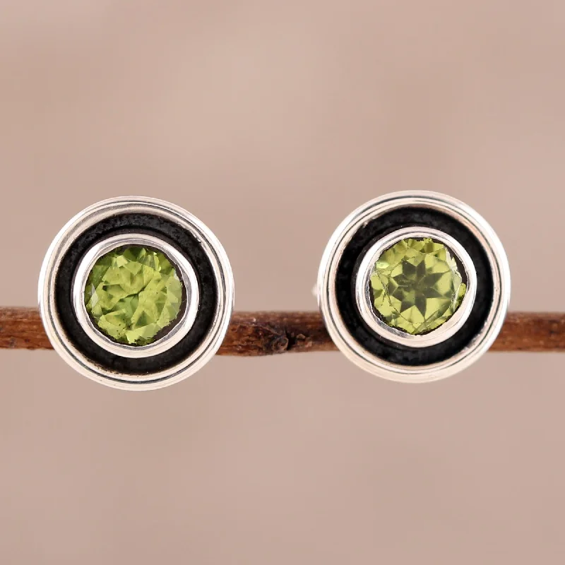 Stud Earrings for Festival Style -Graceful Frames Circular Peridot Stud Earrings from India