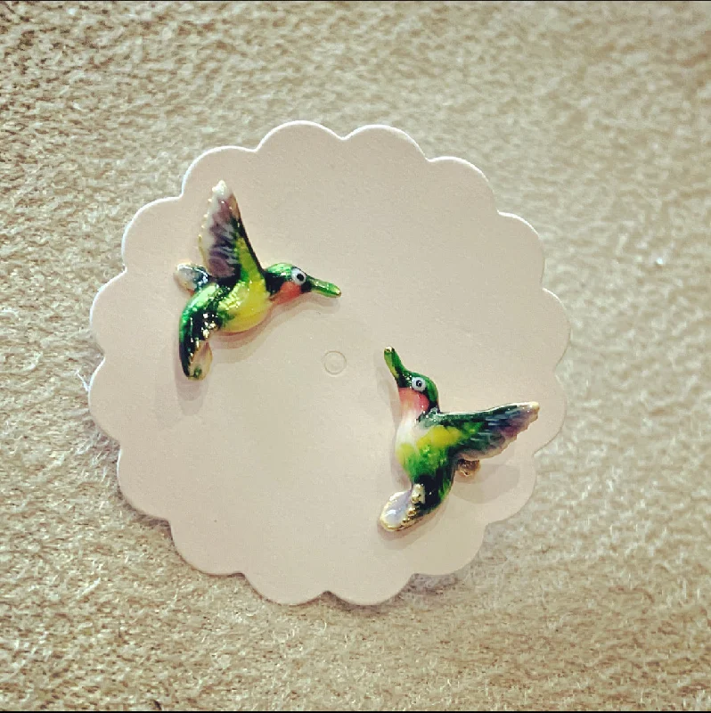 Adjustable Stud Earrings for Custom Fit -Hummingbird stud earrings by Bill Skinner in Enamel gold plated