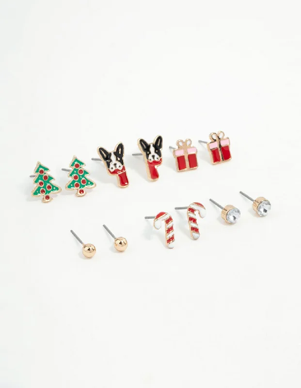 Stud Earrings for Shopping Trip -Kids French Bulldog & Candy Cane Gold Stud Earrings 6-Pack