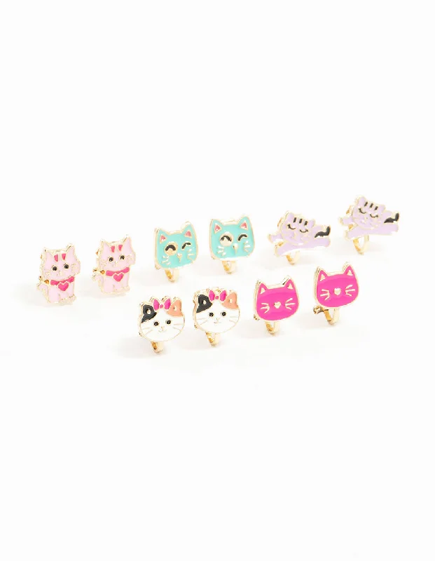 Stud Earrings for Travel Look -Kids Gold Cat Stud Earrings 5-Pack