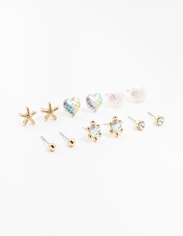 Stud Earrings for Formal Attire -Kids Gold Sea Theme Stud Earrings 6-Pack