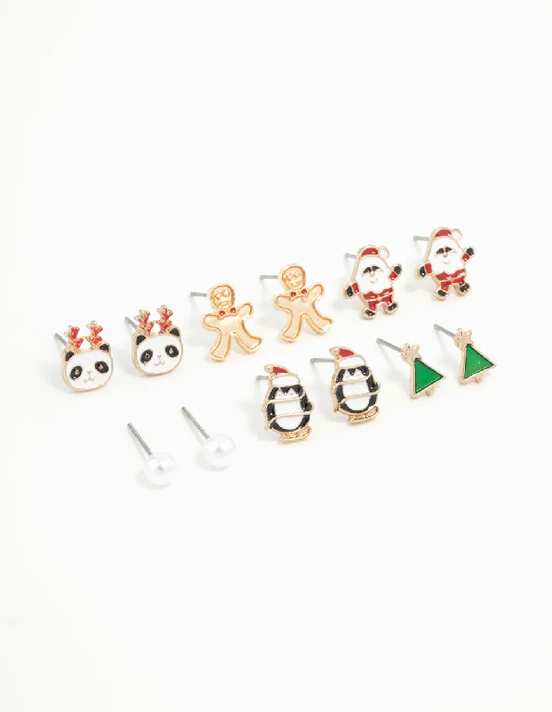 Stud Earrings with Symbolic Elements -Kids Panda & Penguin Stud Earrings 6-Pack