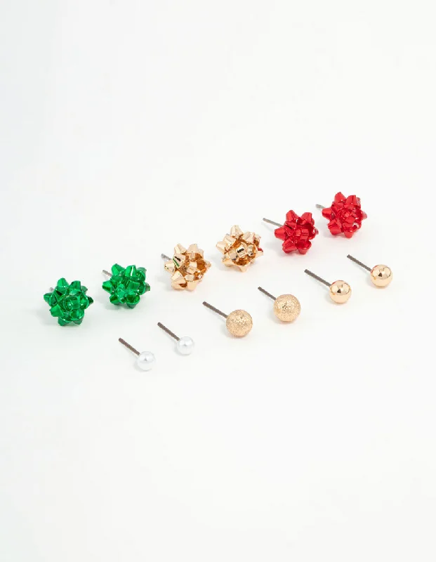 Stud Earrings with Floral Motifs -Kids Present Bow & Sleek Gold Stud Earrings 6-Pack