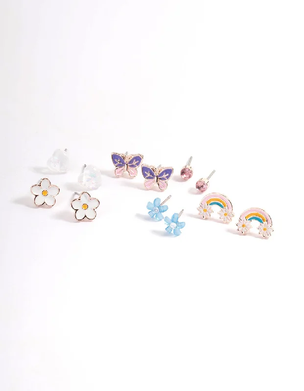 Stud Earrings for Anniversary -Kids Flower Rainbow Stud Earrings 6-Pack