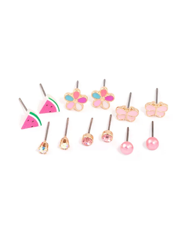 Stud Earrings for Office Wear -Kids Pink Watermelon & Flower Stud Earrings 6-Pack